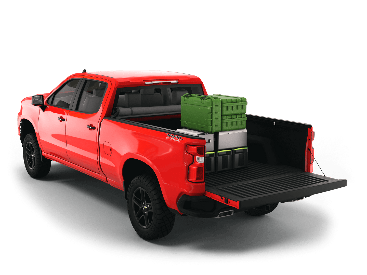 Red Chevrolet Silverado 1500 / GMC Sierra 1500 with gear in the truck bed and the Sawtooth Stretch tonneau cover rolled up at cab